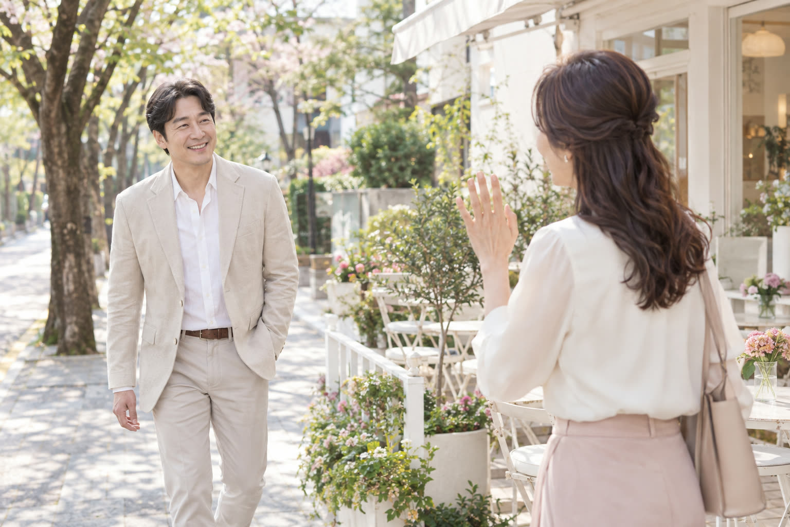 퇴근길 동네 카페 앞에서 만난 두 사람