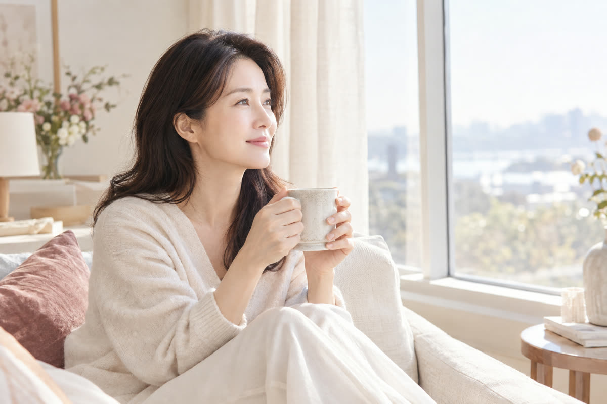 창가에서 차를 마시며 생각에 잠긴 여성